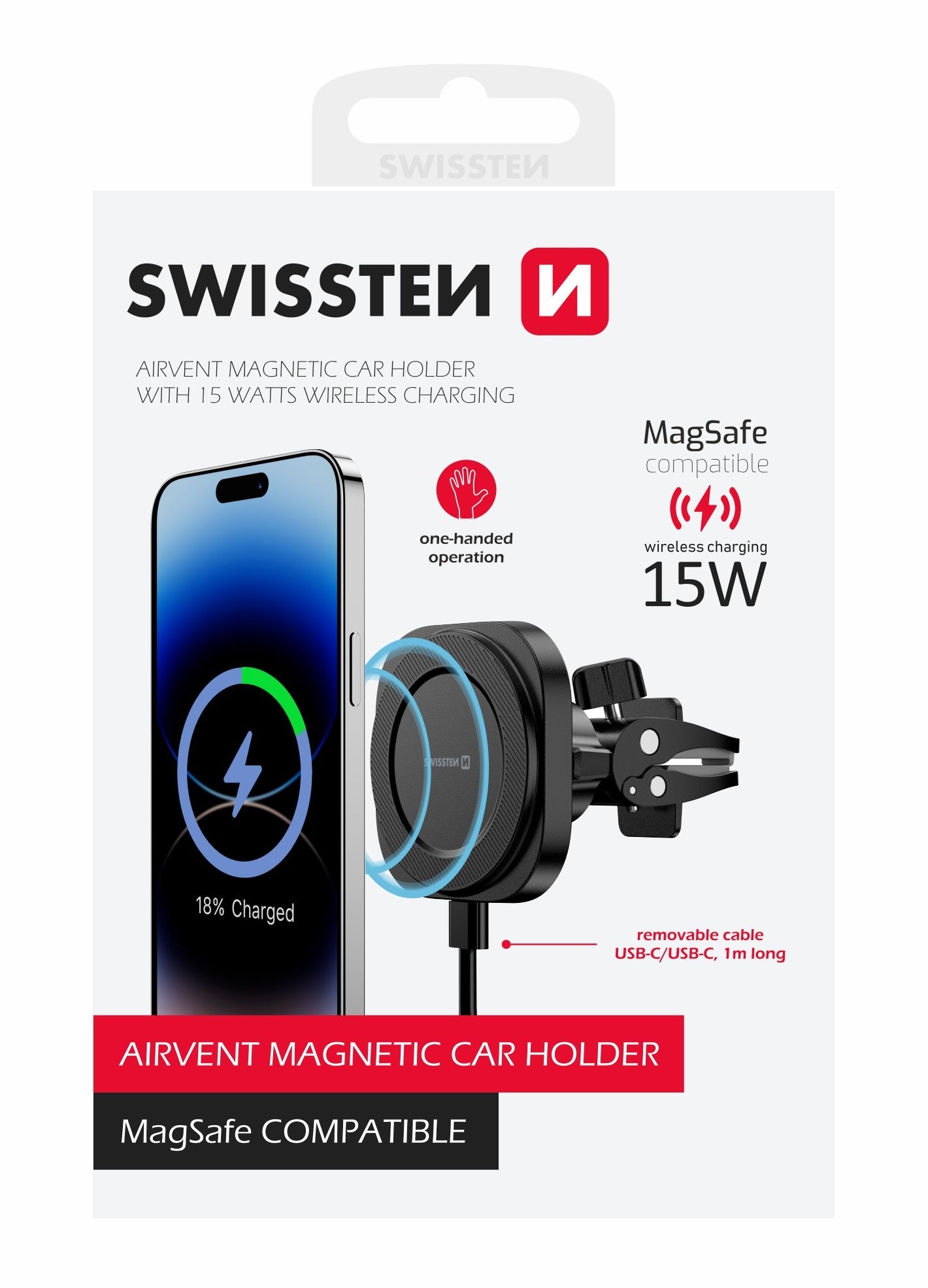 Suporte Magnético Compacto para carro com Carregador Wireless 15W Swissten