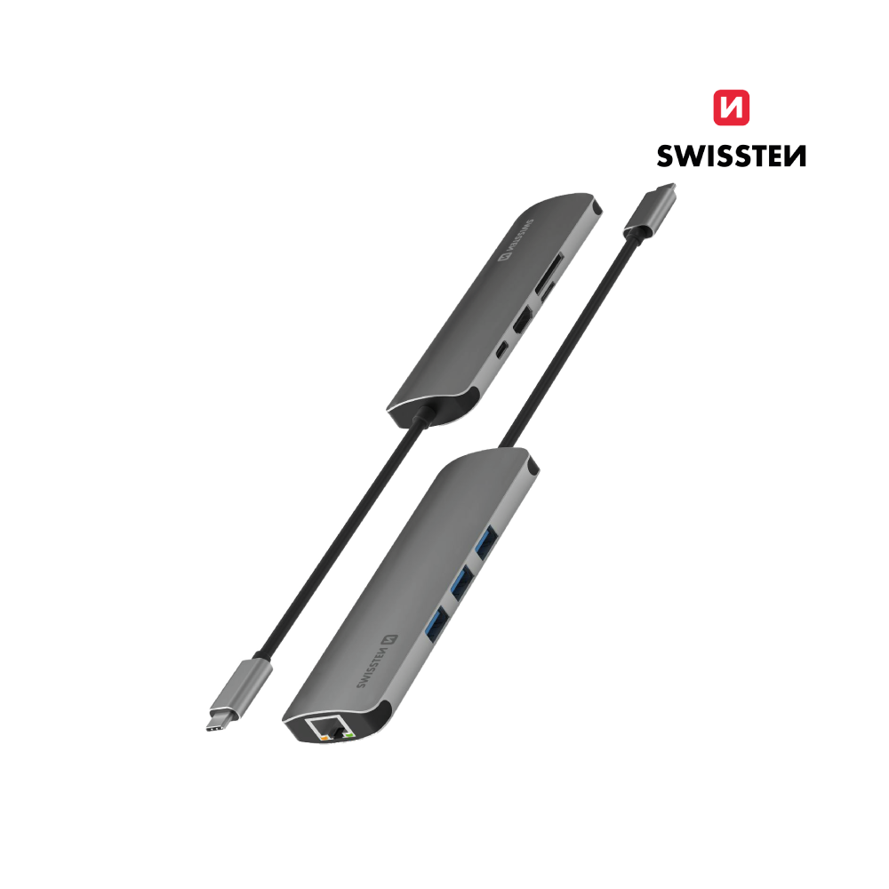 Adaptador HUB USB-C 8 em 1 Swissten (USB-C 100W, HDMI 4K, 3x USB 3.0, RJ45, SD, Micro)