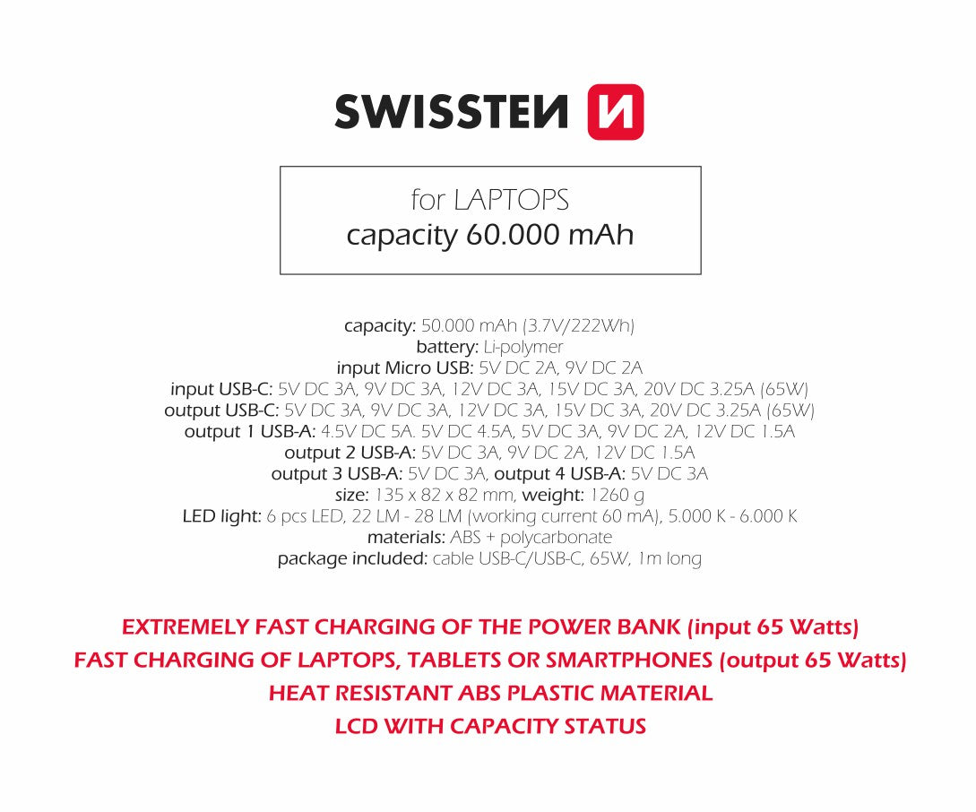 Power Bank 60000 mAh Power Line (Com Lanterna) Swissten