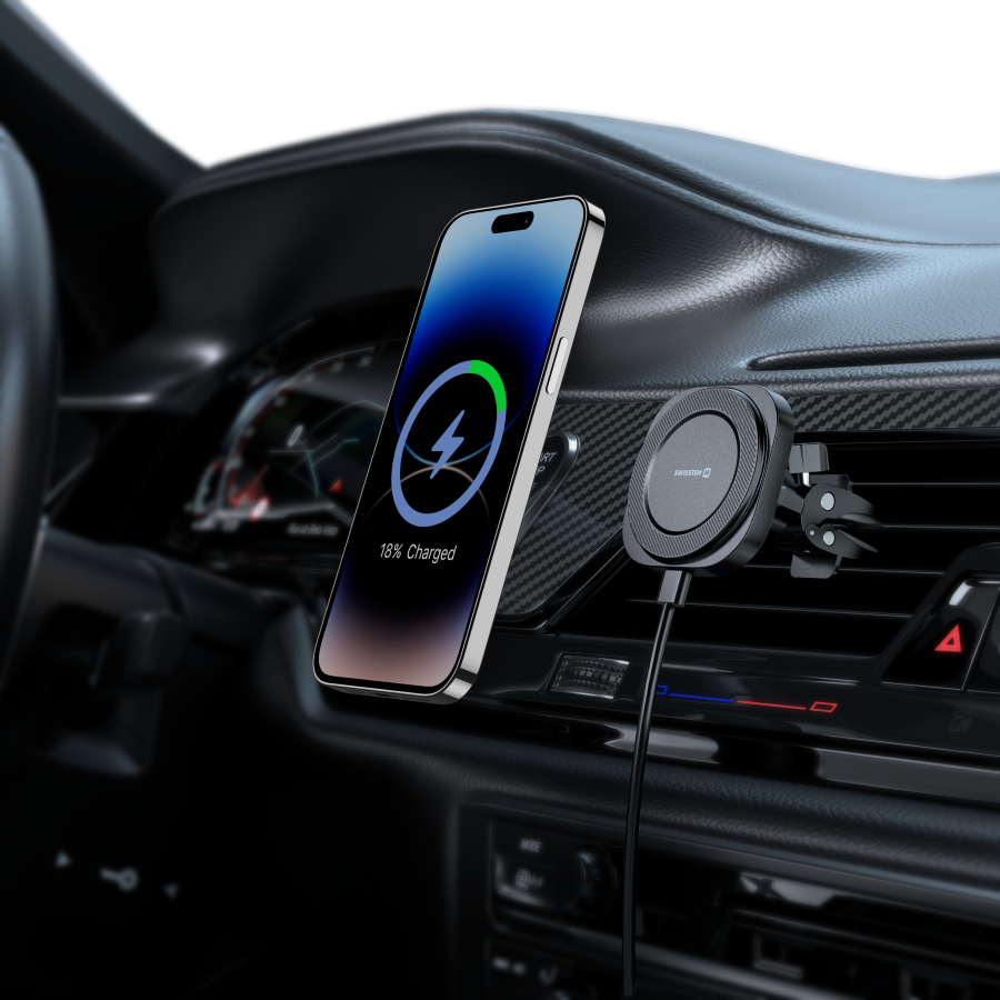 Suporte Magnético Compacto para carro com Carregador Wireless 15W Swissten
