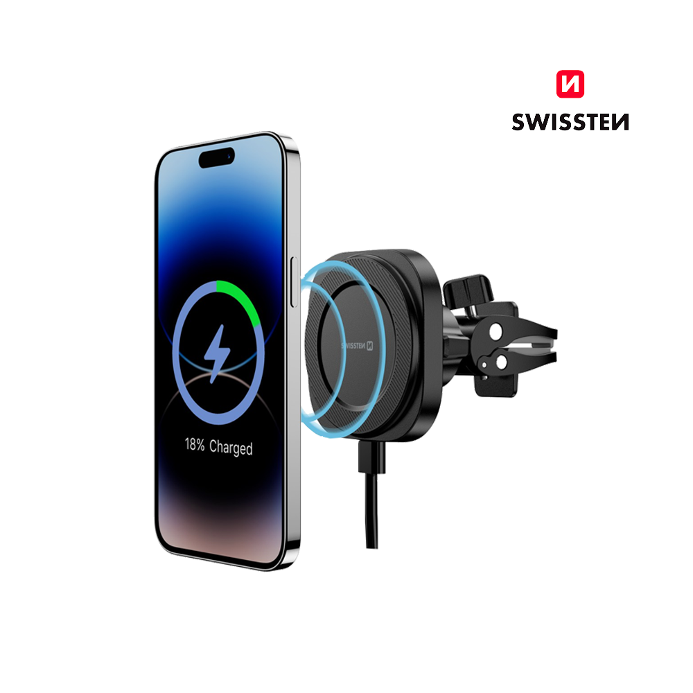 Suporte Magnético Compacto para carro com Carregador Wireless 15W Swissten