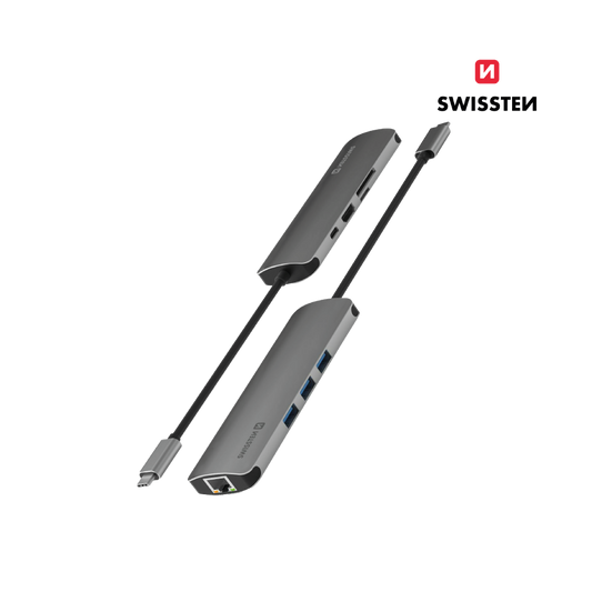 Adaptador HUB USB-C 8 em 1 Swissten (USB-C 100W, HDMI 4K, 3x USB 3.0, RJ45, SD, Micro)