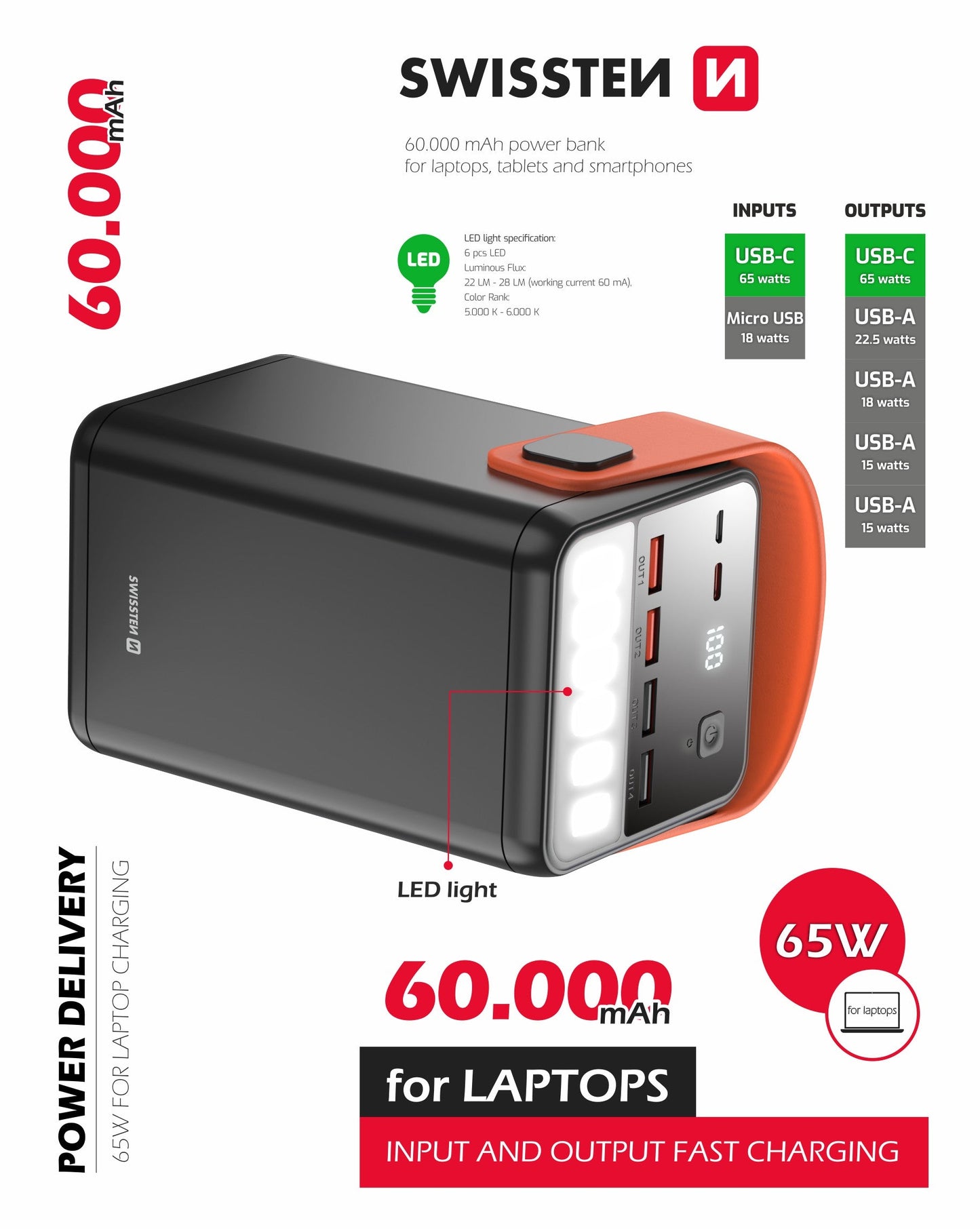 Power Bank 60000 mAh Power Line (Com Lanterna) Swissten