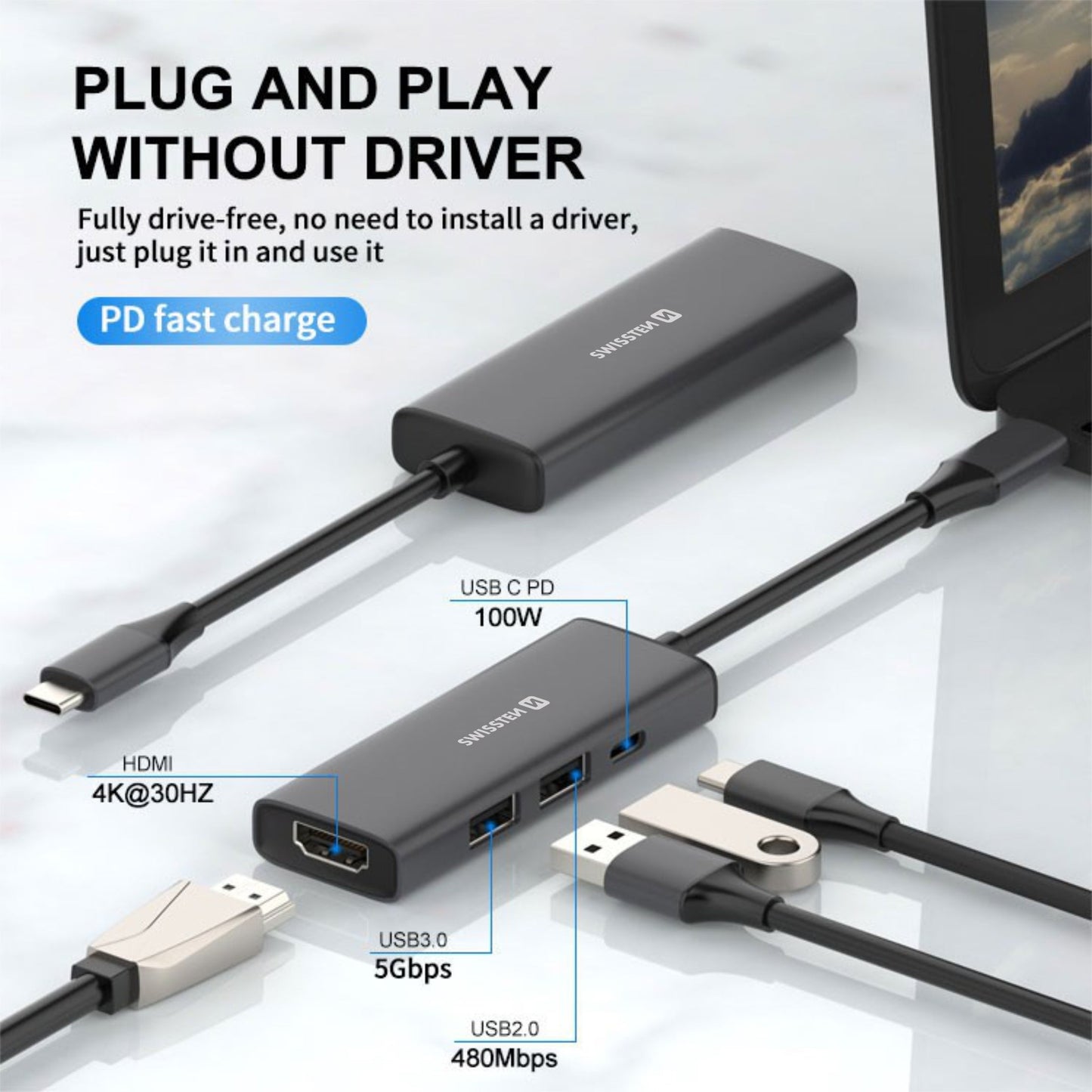 Adaptador HUB USB-C 4 em 1 Swissten (USB-C 100W, HDMI, 2x USB 3.0)