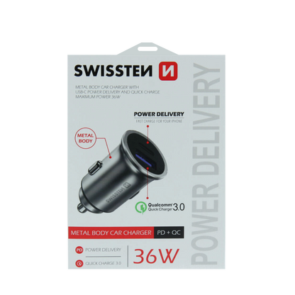 Adaptador Carregador para Carro (USB + USB-C Power Delivery) Swissten